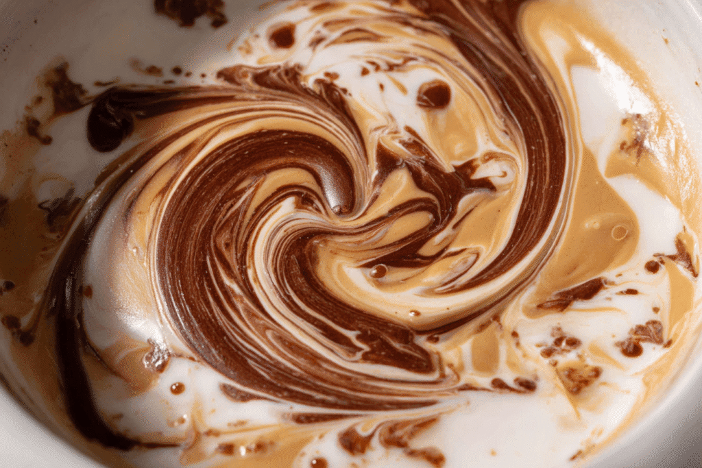 Swirling melted chocolate and peanut butter over yogurt base