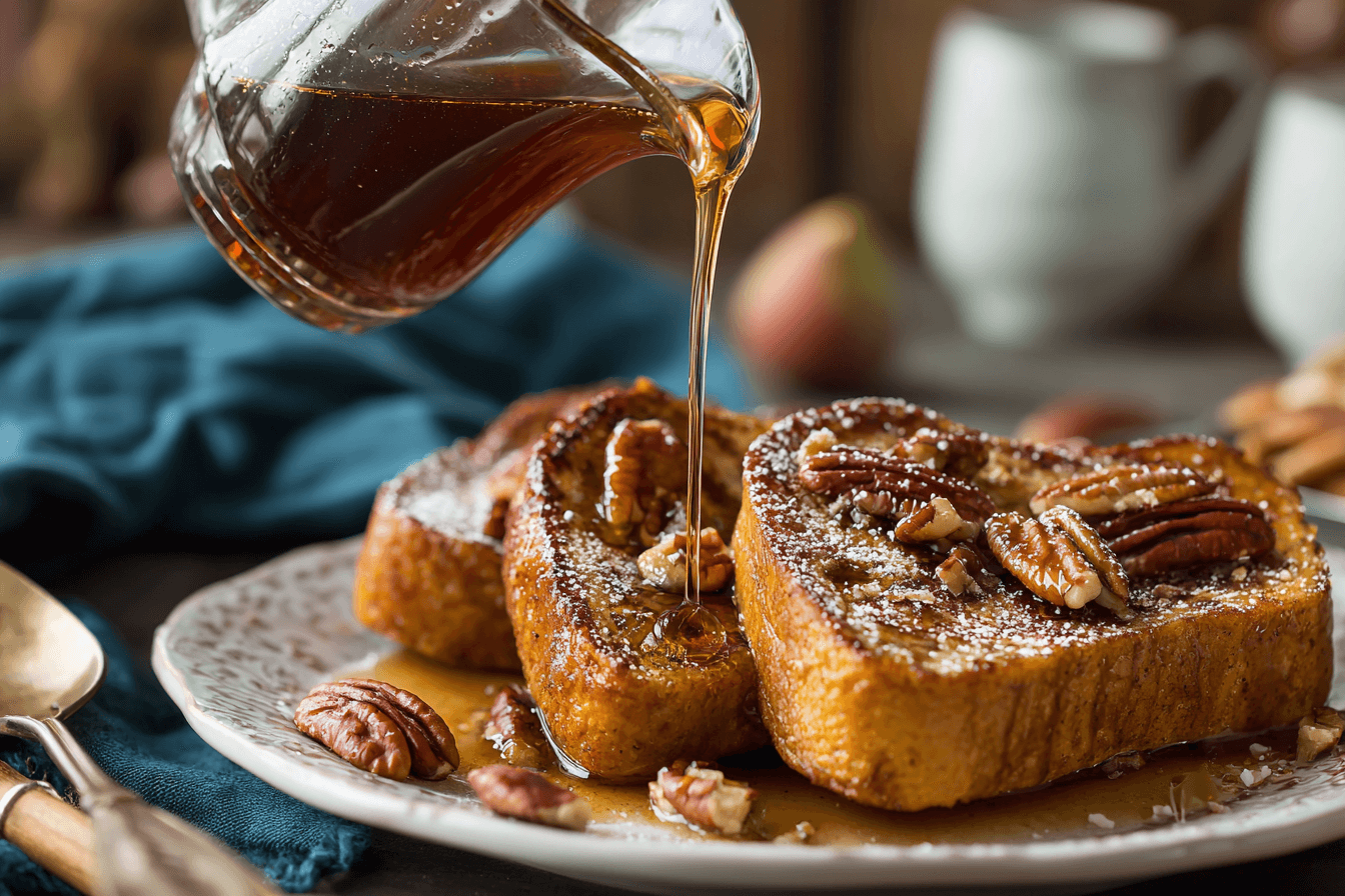 Syrup pouring over pumpkin pie spice french toast with pecans