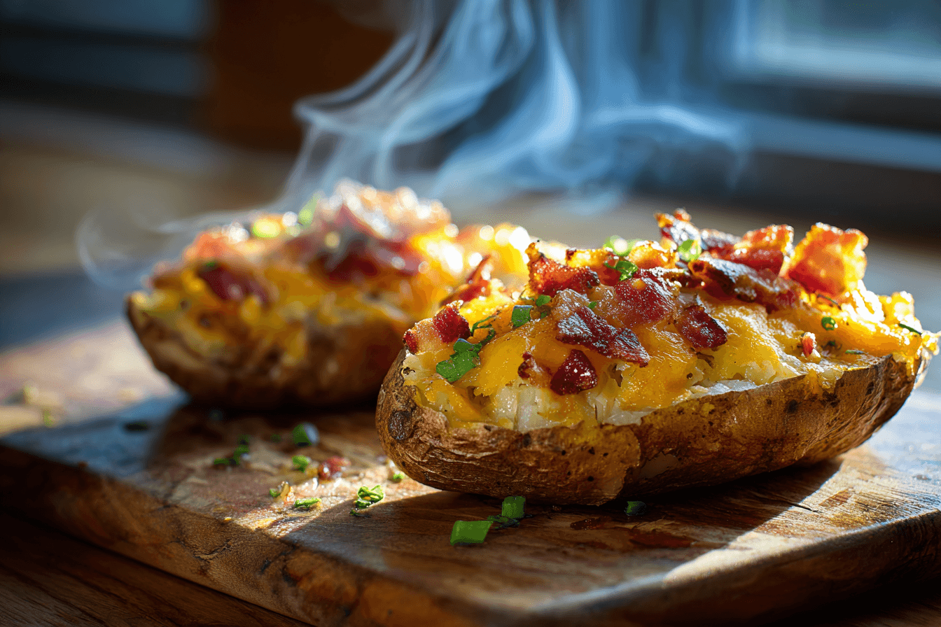 Twice-baked loaded breakfast potatoes on a rustic wooden table