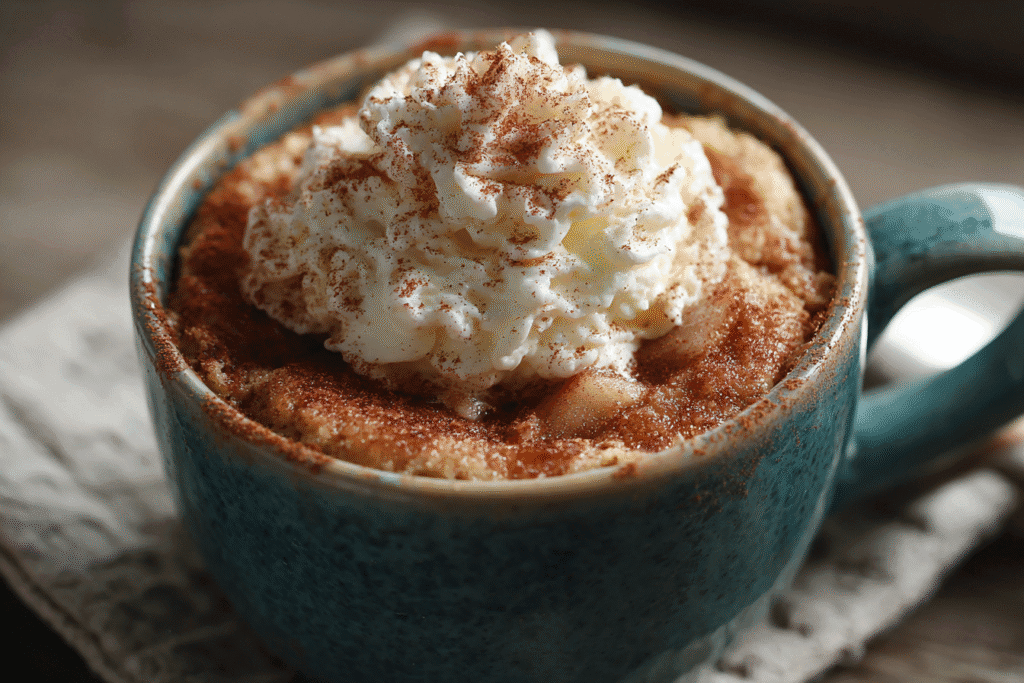 U4727699241 Warm Apple Mug Cake Topped With Cinnamon And Whip 104d0133 4dd8 4990 9755 49741ea44166 3Warm apple mug cake topped with cinnamon and whipped cream in ceramic mug