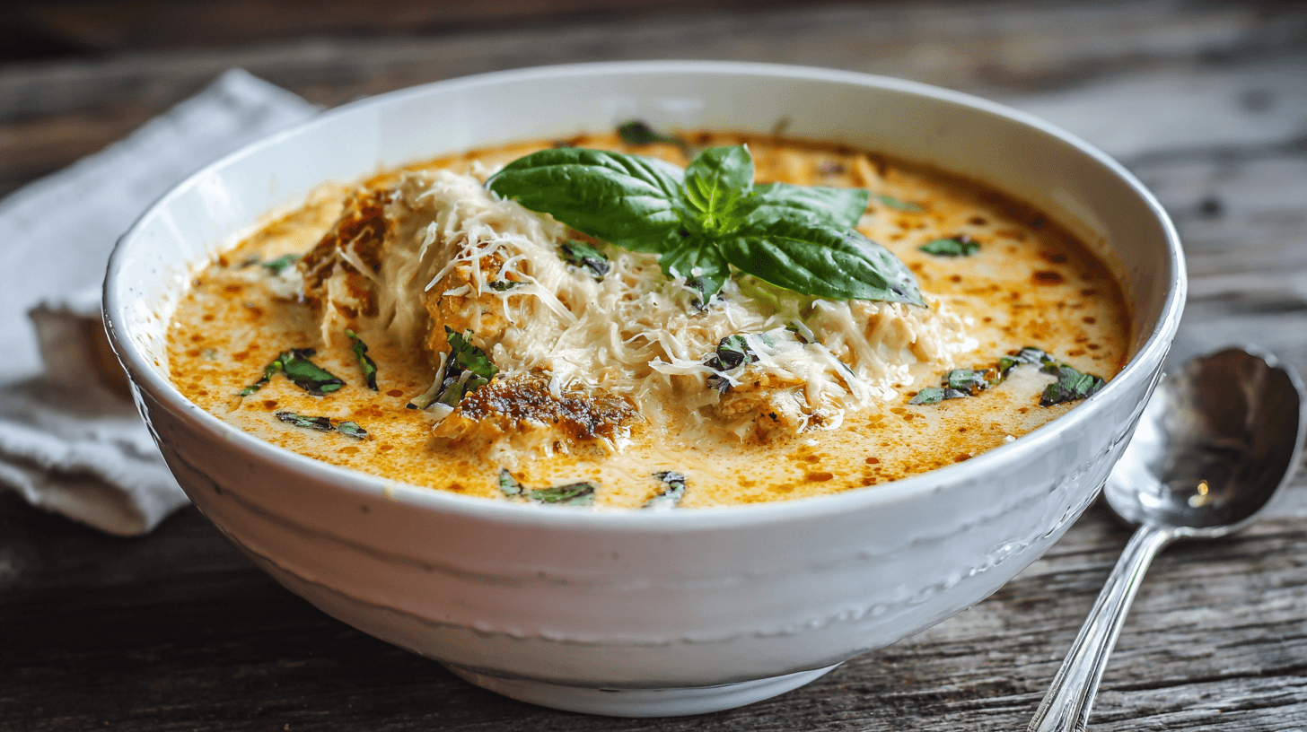 bowl of Crock Pot Creamy Chicken Parmesan Soup, melted cheese, basil garnish, rustic table, natural light