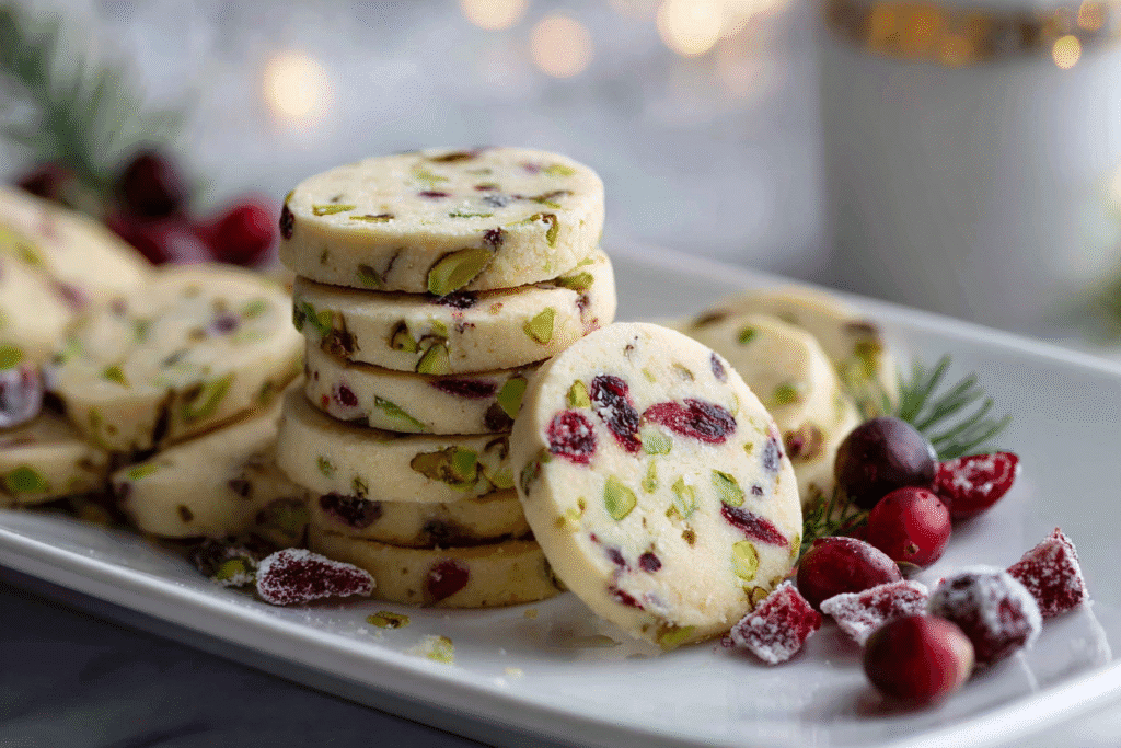 Cranberry Pistachio Shortbread Cookies On A White plate