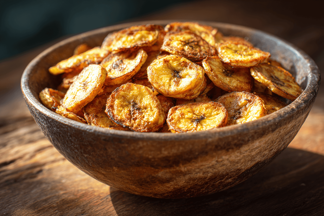 crispy golden air fryer banana chips in rustic bowl, soft natural lighting, food magazine style