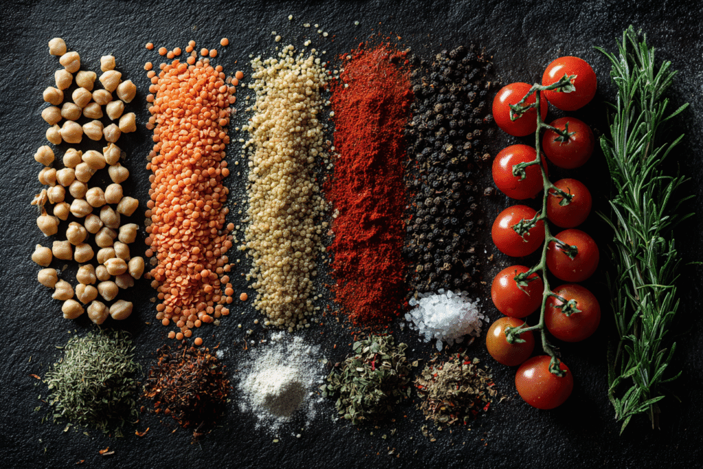 Flat Lay Of Red Lentils Chickpeas Tomatoes Spices 