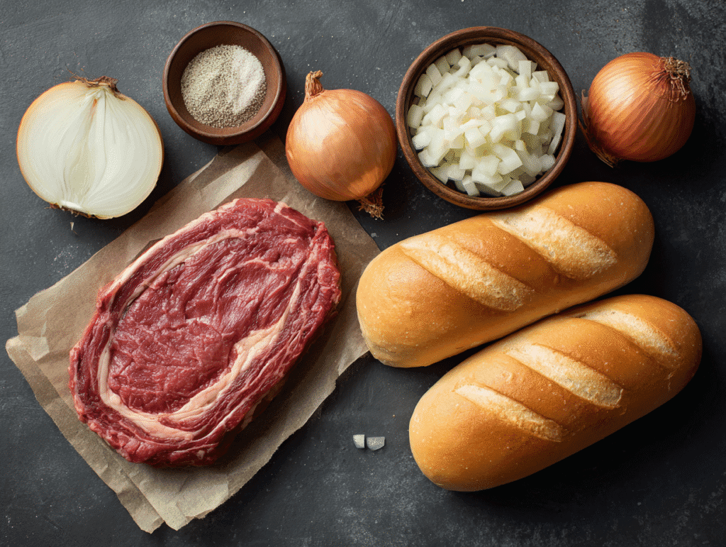 Ingredient Flat Lay Ribeye Onions Provolone Hoagi