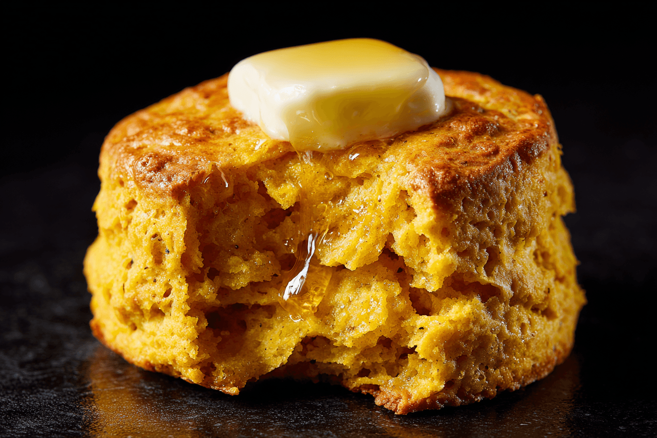 macro shot of fluffy pumpkin biscuit interior with melting butter, high-end food magazine style,