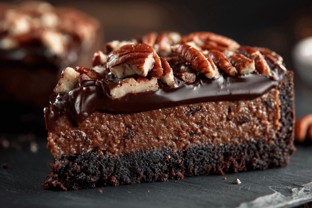 Macro Shot Of Gooey Pecan Layer Over Chocolate