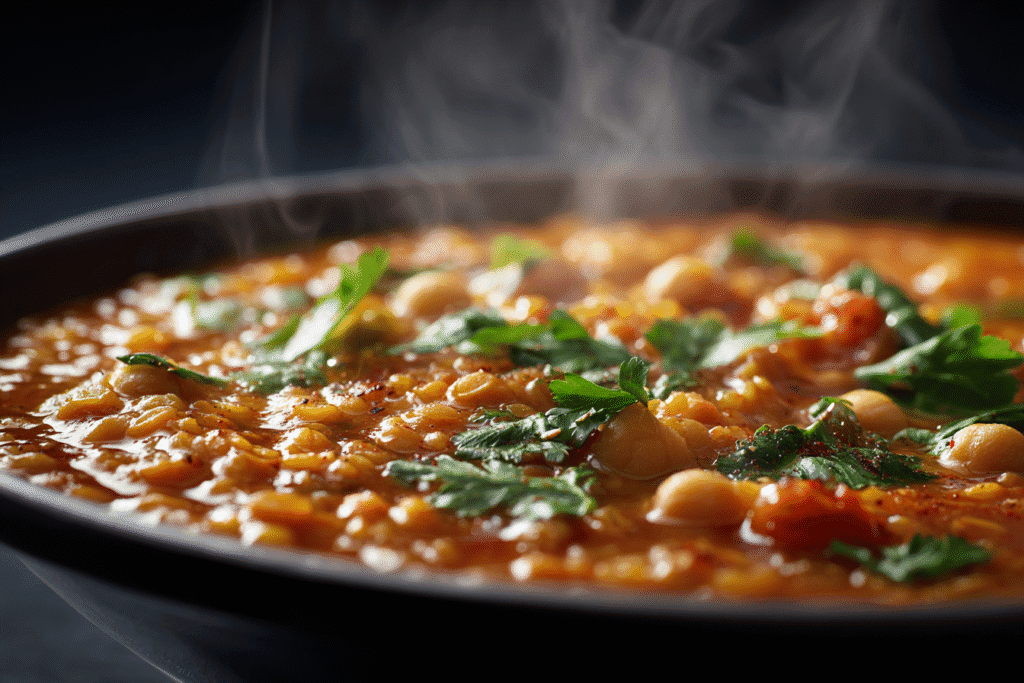 Macro Shot Of Smoky Red Lentil Stew With Chickpea