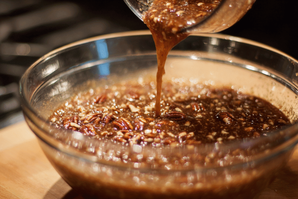  Mixing Chocolate Pecan Pie Filling In Glass Bowl