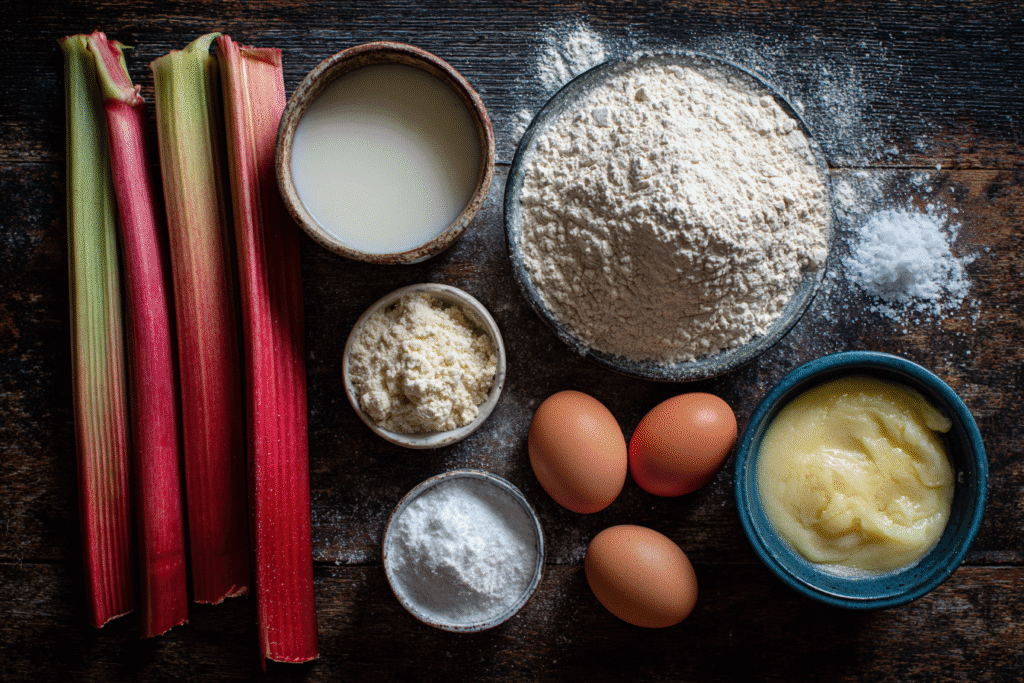  Overhead Flat Lay Of Rhubarb Eggs Cream Flour 