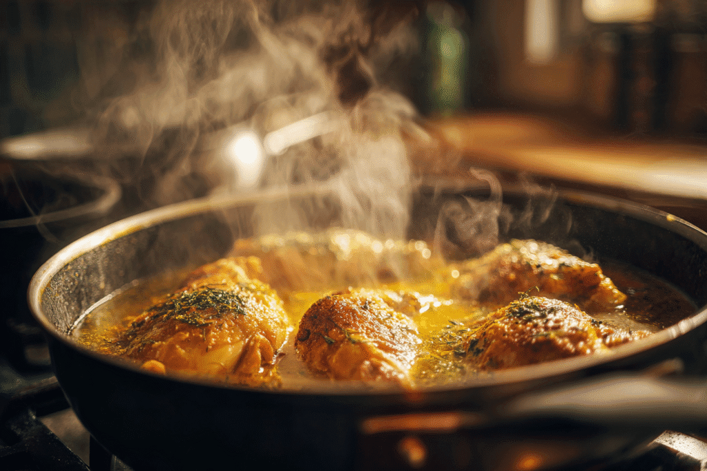 Seasoned Chicken Simmering In Saucepan With Broth