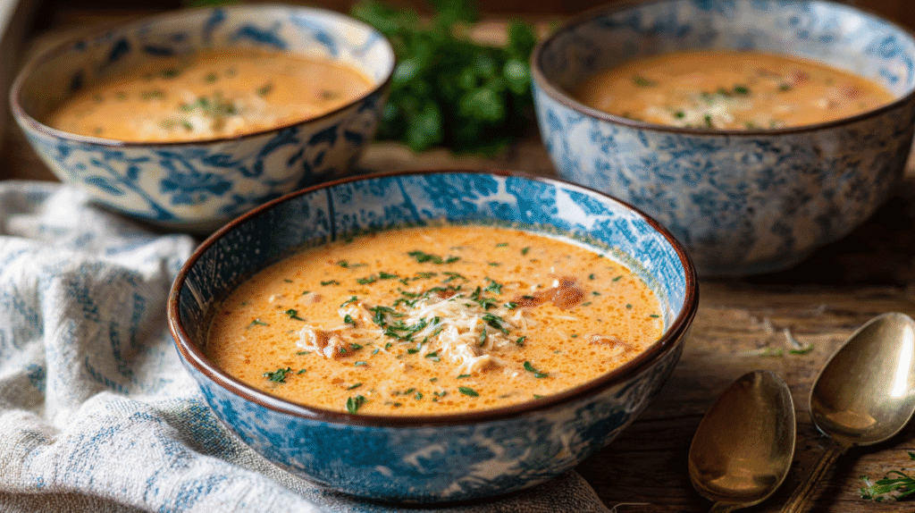 serving creamy chicken parmesan soup into bowls, cozy kitchen setting