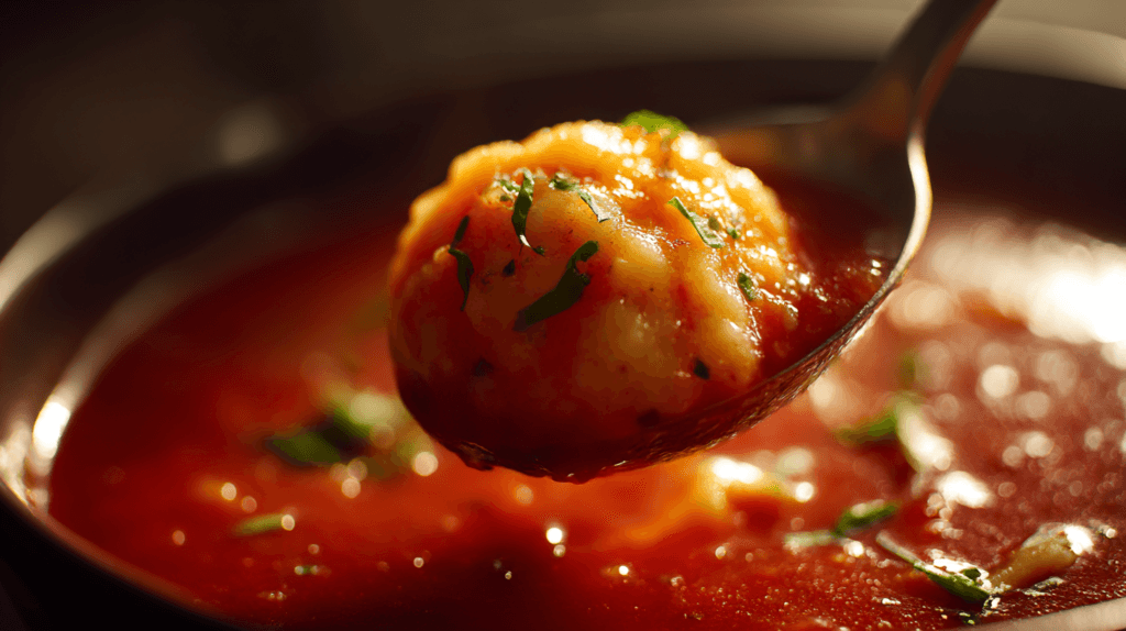 Spoonful Of Tomato Soup And Cheddar Dumpling